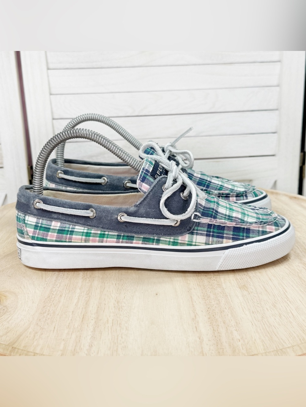 Sperry Topsider Biscayne Plaid Canvas Boat Shoes Blue Pink Green Women 7.5